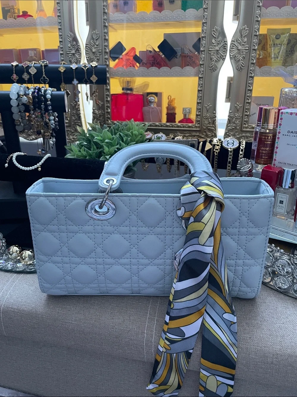 ✨Light Blue Quilted Top-Handle Women's Bag with Decorative Scarf✨NEW